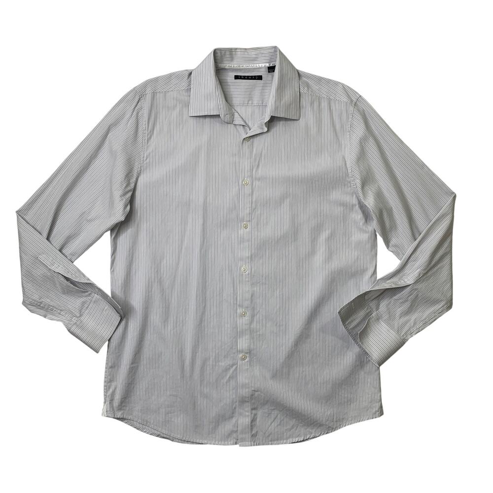 Theory Shirt Mens 16.5 Gray White Cotton Stretch Striped Button Up Long Sleeve